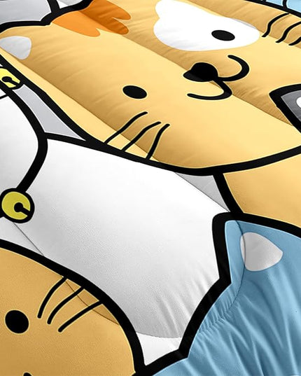 Cat Comforter Twin Size Cartoon Cat Comforter Set Cute Cat Print Bedding Sets for Girls Room Kids Cat Twin Quilt Set, 1 Comforter+1 Pillowcase - LeafyLoom