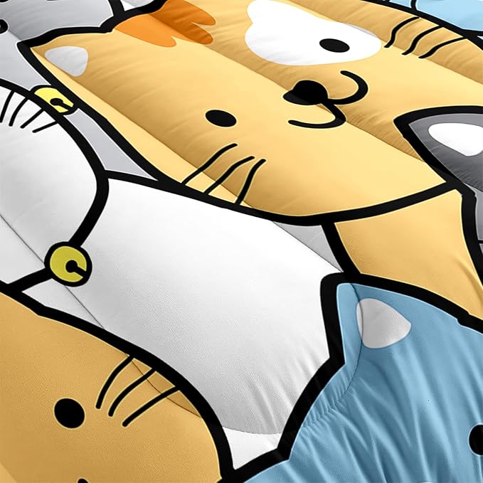 Cat Comforter Twin Size Cartoon Cat Comforter Set Cute Cat Print Bedding Sets for Girls Room Kids Cat Twin Quilt Set, 1 Comforter+1 Pillowcase - LeafyLoom