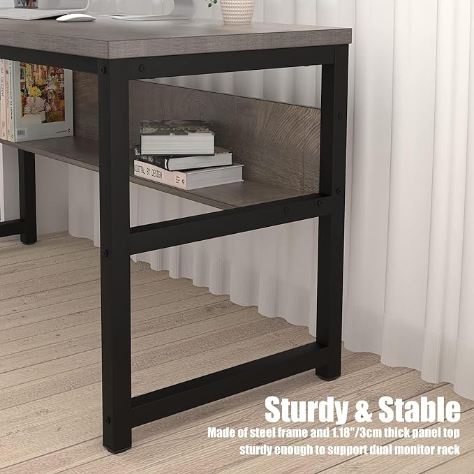 TOPSKY Computer Desk with Bookshelf/Metal Hole Cable Cover 1.18" Thick Desk (Light Walnut, 55") - LeafyLoom