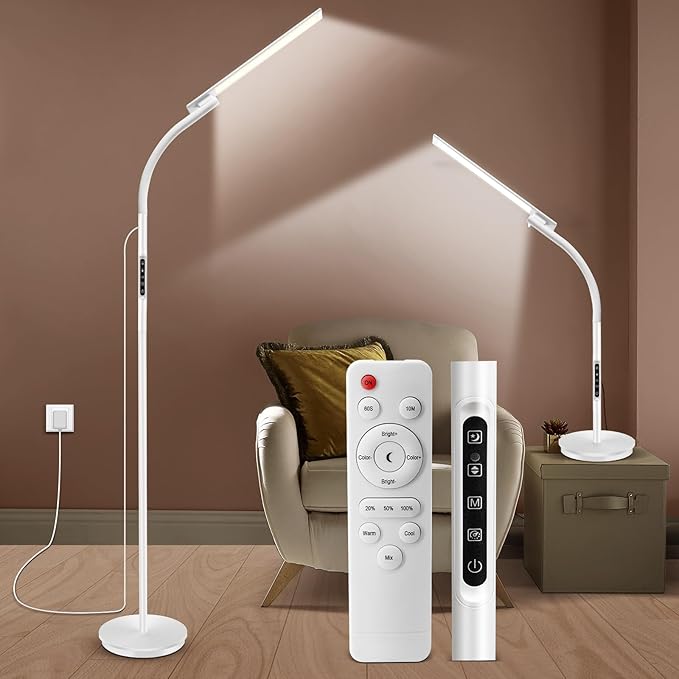 LED Floor Lamp, Floor Lamps for Living Room with Night Light & 5 Colors & 5 Brightness, Adjustable Gooseneck Floor Reading Lamp with Remote & Touch Control, Tall Standing Floor Lamp for Bedroom Office - LeafyLoom