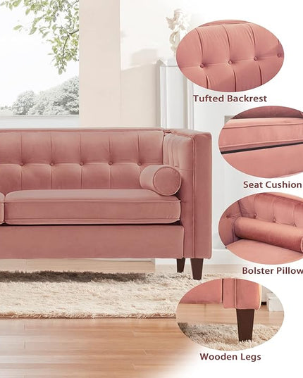 Dreamsir 78'' W Velvet Sofa, Mid-Century Love Seats Sofa Furniture with Bolster Pillows, Button Tufted Couch for Living Room, Tool-Free Assembly (Sofa, Pink) - LeafyLoom