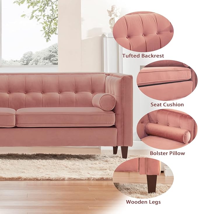 Dreamsir 78'' W Velvet Sofa, Mid-Century Love Seats Sofa Furniture with Bolster Pillows, Button Tufted Couch for Living Room, Tool-Free Assembly (Sofa, Pink) - LeafyLoom