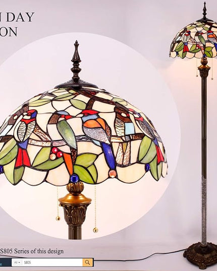 WERFACTORY Tiffany Floor Lamp Double Birds Amber Stained Glass Standing Reading Light 16X16X64 Inches Antique Pole Corner Lamp Decor Bedroom Living Room Home Office S805 Series - LeafyLoom