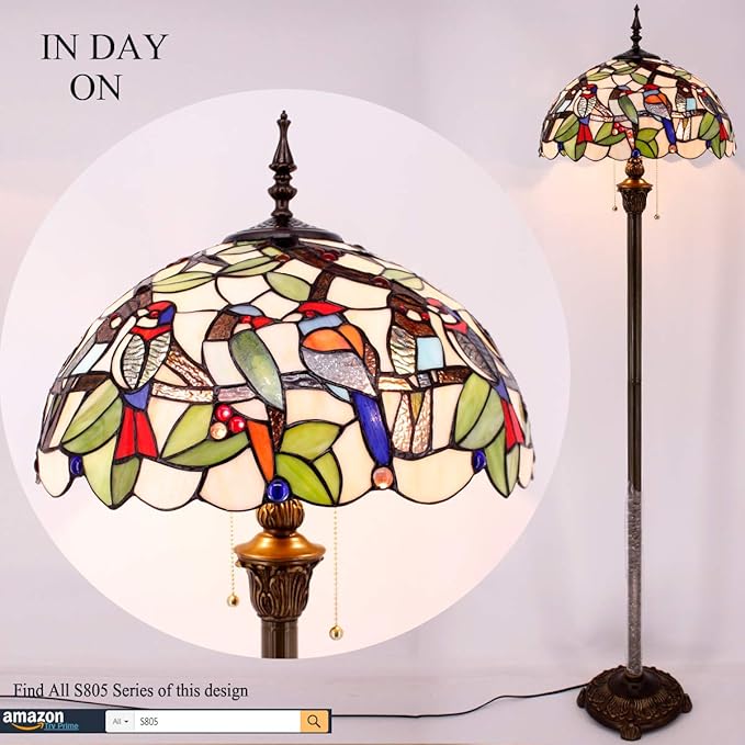 WERFACTORY Tiffany Floor Lamp Double Birds Amber Stained Glass Standing Reading Light 16X16X64 Inches Antique Pole Corner Lamp Decor Bedroom Living Room Home Office S805 Series - LeafyLoom