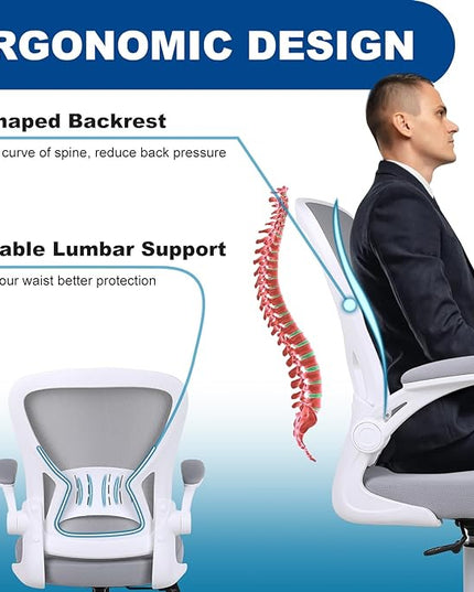 Mesh Office Chair, Ergonomic Computer Chair with Flip-up Arms and Lumbar Support, Height Adjustable Home Office Desk Chairs, Grey - LeafyLoom