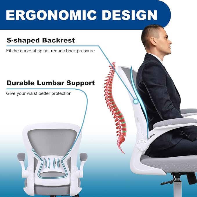 Mesh Office Chair, Ergonomic Computer Chair with Flip-up Arms and Lumbar Support, Height Adjustable Home Office Desk Chairs, Grey - LeafyLoom