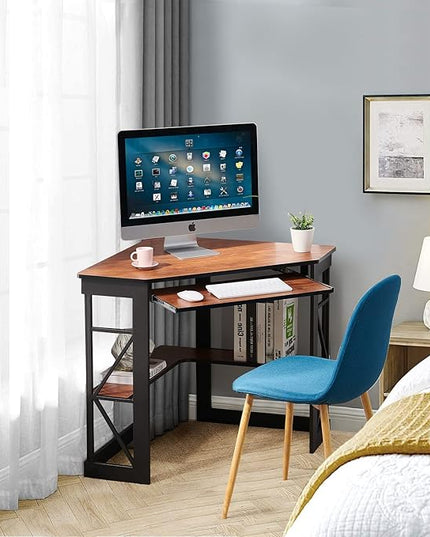 VECELO Corner Computer Desk 41 x 30 inches with Smooth Keyboard & Storage Shelves for Home Office Workstation, Teak - LeafyLoom