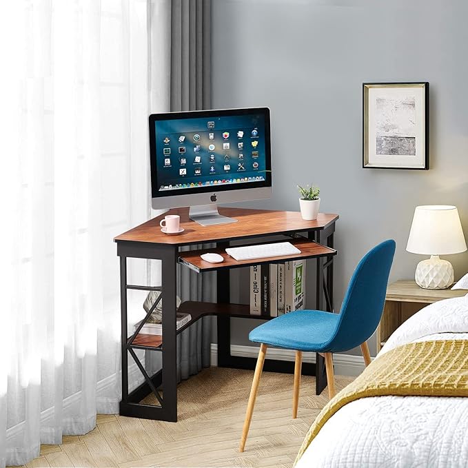 VECELO Corner Computer Desk 41 x 30 inches with Smooth Keyboard & Storage Shelves for Home Office Workstation, Teak - LeafyLoom