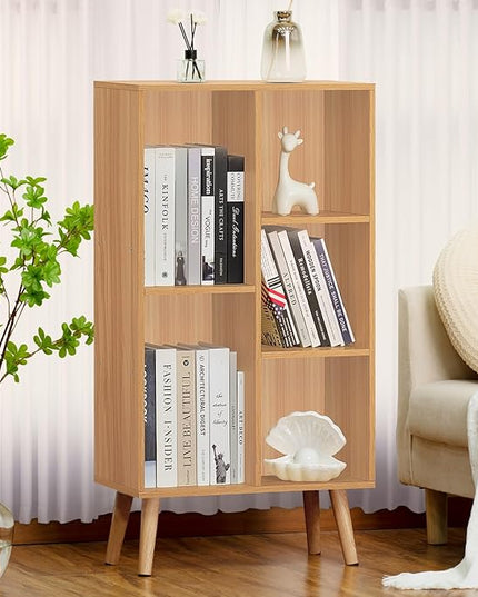LEYAOYAO Wooden 5 Cube Bookshelf, Natural 3 Tier Book Shelf with Legs, Modern Open Storage Organizer,Boho Bookcase,Display Cabinet Shelf Free Standing Bookshelves for Bedroom,Living Room,Study - LeafyLoom