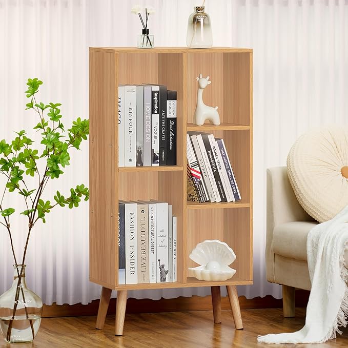 LEYAOYAO Wooden 5 Cube Bookshelf, Natural 3 Tier Book Shelf with Legs, Modern Open Storage Organizer,Boho Bookcase,Display Cabinet Shelf Free Standing Bookshelves for Bedroom,Living Room,Study - LeafyLoom