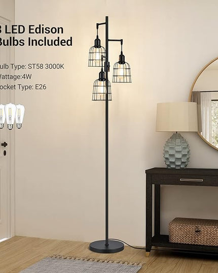EDISHINE Farmhouse Dimmable Floor Lamp, 3 LED Edison Bulbs Included, Industrial Tree Standing Lamp for Living Room, 3 Metal Birdcage Lampshade, Rustic Tall Corner Lights for Bedroom, Family Room - LeafyLoom