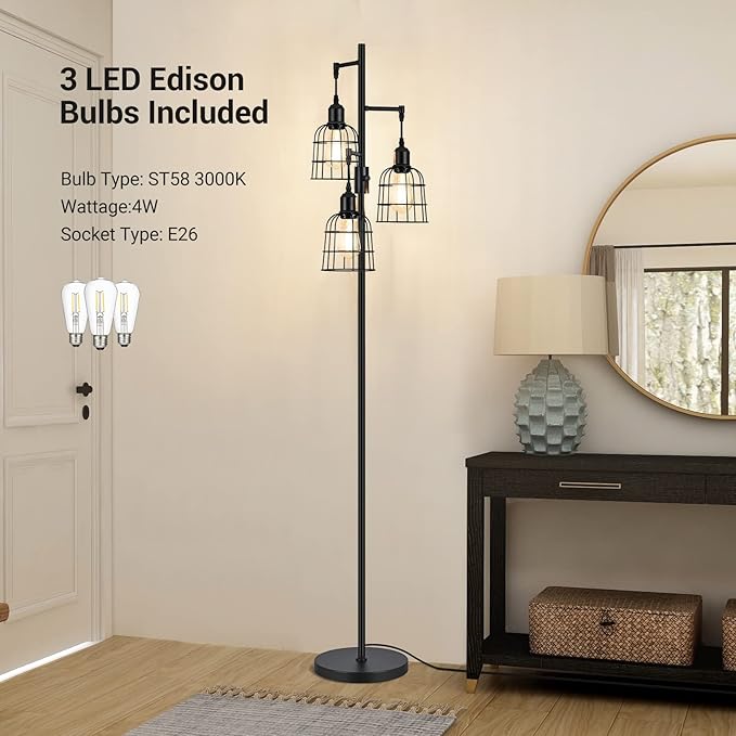 EDISHINE Farmhouse Dimmable Floor Lamp, 3 LED Edison Bulbs Included, Industrial Tree Standing Lamp for Living Room, 3 Metal Birdcage Lampshade, Rustic Tall Corner Lights for Bedroom, Family Room - LeafyLoom