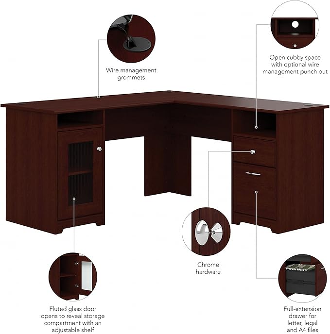 Bush Furniture Cabot L Shaped Computer Desk in Harvest Cherry | Corner Table with Drawers for Home Office - LeafyLoom