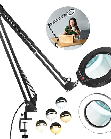 8X Large Magnifying Glass with Light and Stand, KRSTLV 2 x 16 Inch Swivel Arm LED Desk Lamp with Clamp, 5 Color Modes Stepless Dimmable Lighted Magnifier Hands Free for Close Work, Craft, Hobby, Black - LeafyLoom