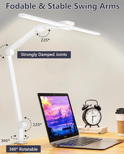 KableRika Desk Lamp,Double Head Desk Lamp with Clamp,24W Led Desk Lights for Home Office Ultra Bright Architect Table Lamp 4 Brightness 4 Color,Auto Dimming Task Lamp for Monitor Work Study White - LeafyLoom