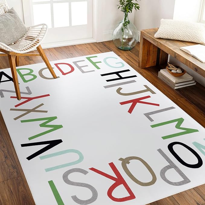 Topotdor Rainbow Kids Play Rug Alphabet Nursery Area Rug Extra Large Soft Crawling Play Mat for Children Toddlers Bedroom (47x70 inch,Multi Color) - LeafyLoom