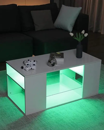 HOMMPA LED Coffee Tables for Living Room Modern White Coffee Table with 3 Shelves Open Glass Storage High Glossy Center Table Sofa Cocktail Table with 16 Colors LED Lights for Home Furniture White - LeafyLoom