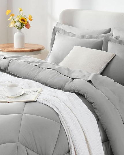 CozyLux Twin Bed in a Bag Comforter Set with Sheets 5-Pieces for Girls and Boys Light Grey All Season Bedding Sets with Comforter, Pillow Sham, Flat Sheet, Fitted Sheet and Pillowcase - LeafyLoom