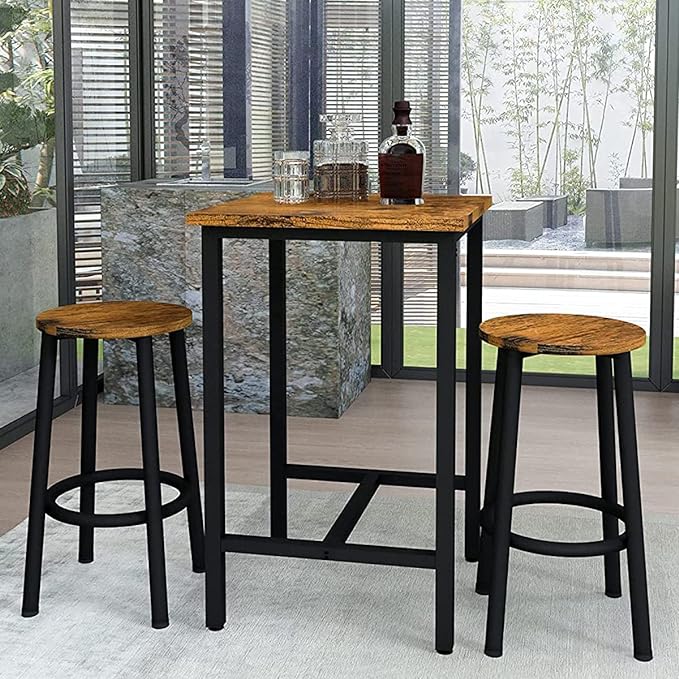 Recaceik 3 Piece Pub Dining Set, Modern bar Table and Stools for 2 Kitchen Counter Height Wood Top Bistro Easy Assemble for Breakfast Nook Living Room Small Space Restaurant, Rustic Brown 24” - LeafyLoom