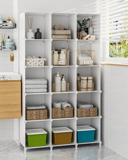 FUNLAX Cube Storage Shelf, 16 Storage Cubes Closet Organizers and Storage Portable Cube Storage Organizer Plastic Bookshelf Bookcase for Study Room, Bedroom, Office, White - LeafyLoom