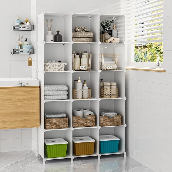 FUNLAX Cube Storage Shelf, 16 Storage Cubes Closet Organizers and Storage Portable Cube Storage Organizer Plastic Bookshelf Bookcase for Study Room, Bedroom, Office, White - LeafyLoom