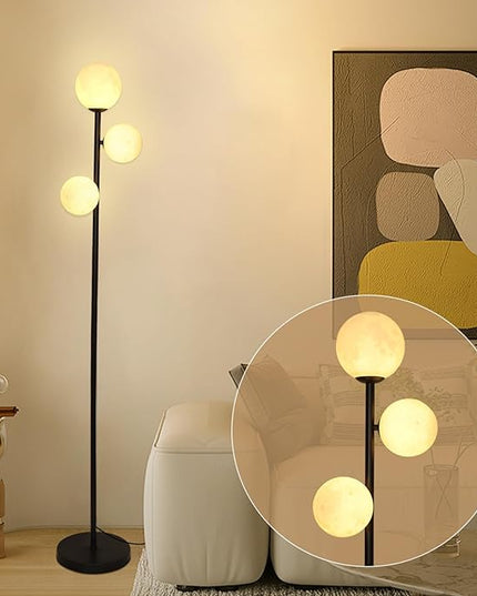 3 Globe Floor Lamps for Living Room, Black Standing Lamp with LED G9 Bulbs, Modern Floor Lamp with 3D Moon Printing Frosted Shades, 67" Corner Tall Lamp for Bedroom, Stand Up Lamp for Office Kids Room - LeafyLoom