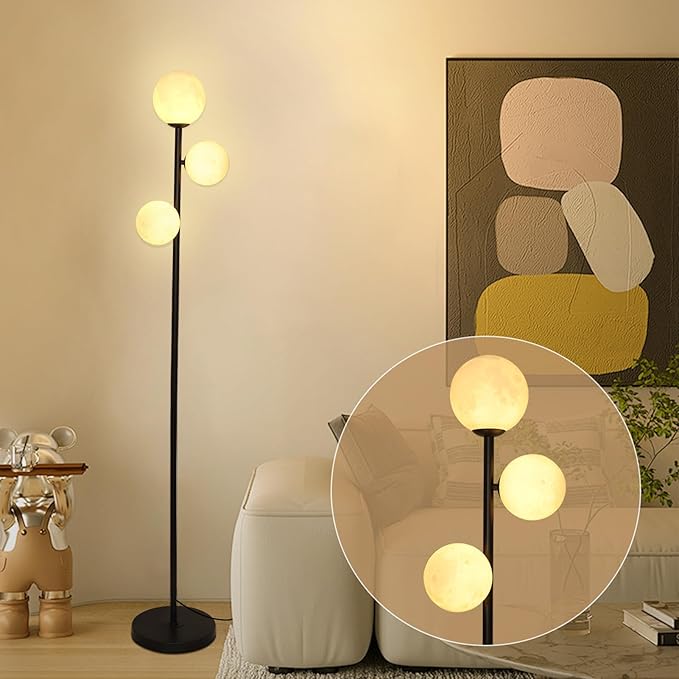 3 Globe Floor Lamps for Living Room, Black Standing Lamp with LED G9 Bulbs, Modern Floor Lamp with 3D Moon Printing Frosted Shades, 67" Corner Tall Lamp for Bedroom, Stand Up Lamp for Office Kids Room - LeafyLoom