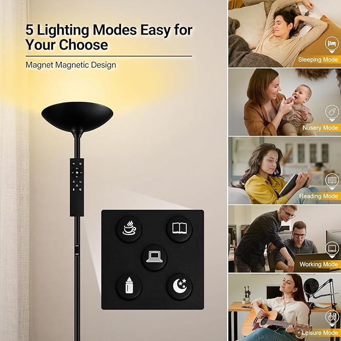 BoostArea Dimmable Floor Lamp,30W 3000LM Super Bright LED Torchiere Standing Lamp with Remote & Touch Control,71 in Tall Pole Sky Modern Floor Lamps for Living Room Bedroom Office,2700k-6500k,Black - LeafyLoom