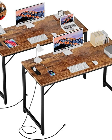 47 Inch Computer Desk with Magic Power Outlets, Modern Office Desk with USB Charging Ports, Sturdy Writing Table, Simple Laptop PC Gaming Desk for Bedroom Workstation, Rustic Brown, 2 Pack - LeafyLoom