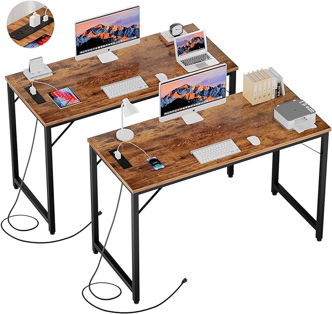 47 Inch Computer Desk with Magic Power Outlets, Modern Office Desk with USB Charging Ports, Sturdy Writing Table, Simple Laptop PC Gaming Desk for Bedroom Workstation, Rustic Brown, 2 Pack - LeafyLoom