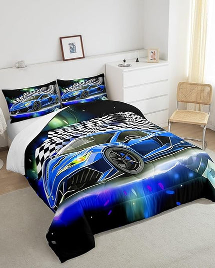 Feelyou Blue Racing Car Comforter Set Queen Size, Fast and Furious Extreme Sport Games Bedding Sets for Kids Boys Teens,Sports Car Bed in A Bag,Cool Modern Duvet Insert with 2 Pillowcases - LeafyLoom