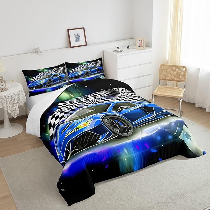 Feelyou Blue Racing Car Comforter Set Queen Size, Fast and Furious Extreme Sport Games Bedding Sets for Kids Boys Teens,Sports Car Bed in A Bag,Cool Modern Duvet Insert with 2 Pillowcases - LeafyLoom