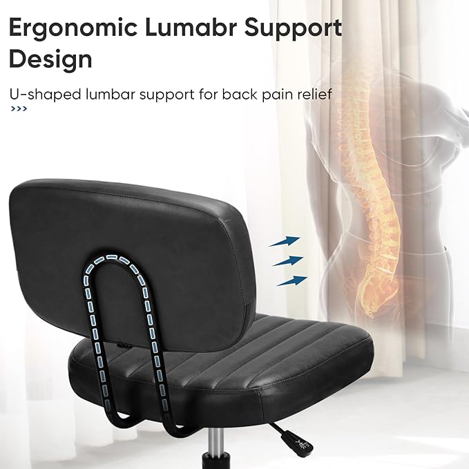 DUMOS Armless Home Office Chair Ergonomic Desk with Comfy Low Back Lumbar Support, Height Adjustable PU Leather Computer Task with 360° Swivel Wheels, for Small Space, Kids and Adults, Black - LeafyLoom