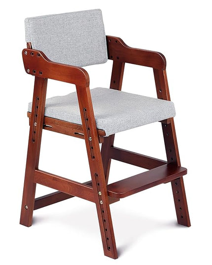 Ezebaby Wooden High Chair for Toddlers to Teens, Adjustable Kids Study Chair with Steps, Kids Dining Chair with Removable Cushion (Nut-Brown) - LeafyLoom