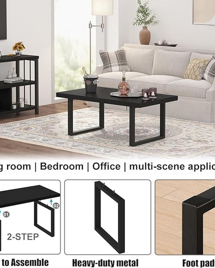 IBF Black Coffee Table, Minimalist Industrial Wooden Center Table, Modern Simple Rectangle Living Room Table, Farmhouse Wood and Metal Cocktail Coffee Table for Home Bedroom Office, Black Oak, 39 inch - LeafyLoom