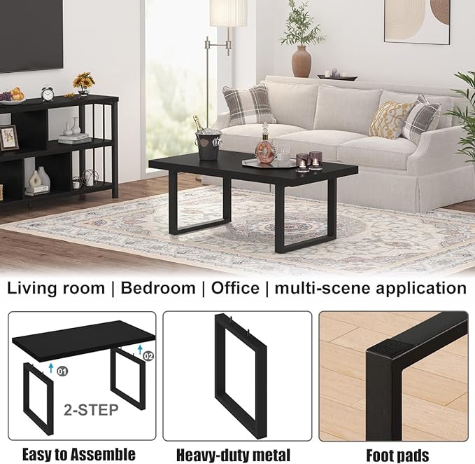 IBF Black Coffee Table, Minimalist Industrial Wooden Center Table, Modern Simple Rectangle Living Room Table, Farmhouse Wood and Metal Cocktail Coffee Table for Home Bedroom Office, Black Oak, 39 inch - LeafyLoom