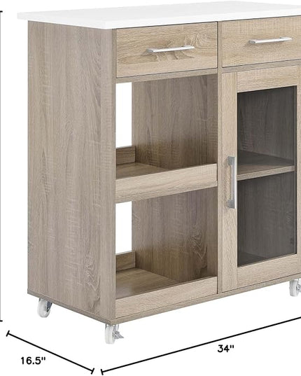 Modway Culinary Rolling Kitchen Cart with Storage in Oak White - 3 Tiers Kitchen Island on Wheels with Towel Bar, Functional as a Coffee Station, Bar Cabinet or Butcher Block Island - LeafyLoom