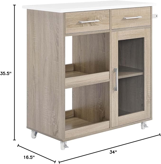 Modway Culinary Rolling Kitchen Cart with Storage in Oak White - 3 Tiers Kitchen Island on Wheels with Towel Bar, Functional as a Coffee Station, Bar Cabinet or Butcher Block Island - LeafyLoom