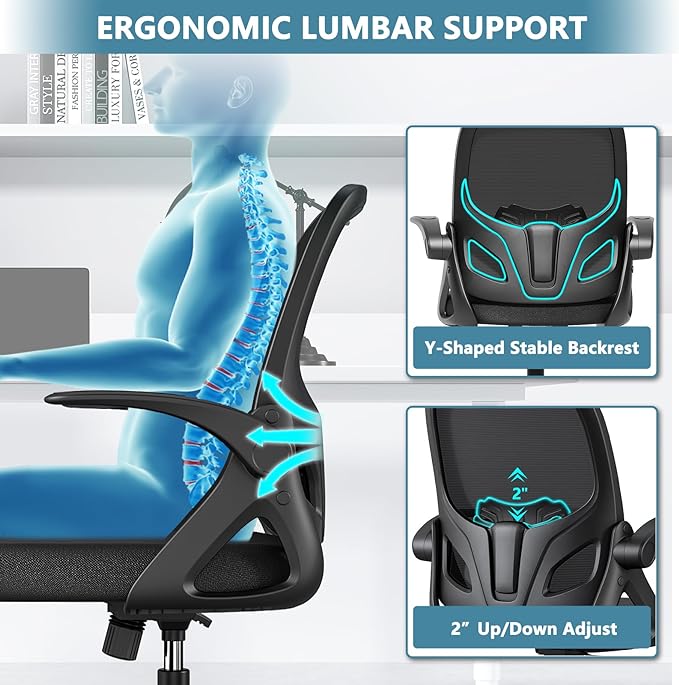 Office Desk Chair with Lumbar Support Ergonomic Mesh Office Chair with Wheels and Flip-up Armrests Adjustable Height Swivel Computer Chair for Home and Office (Black) - LeafyLoom