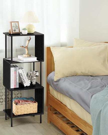 ETELI Small Bookshelf Unique S Shaped 4 Shelf Bookcase Free Standing Industrial Book Storage Shelves for Living Room, Bedroom, and Home Office, Rustic Book Organizer & Metal Frame - LeafyLoom