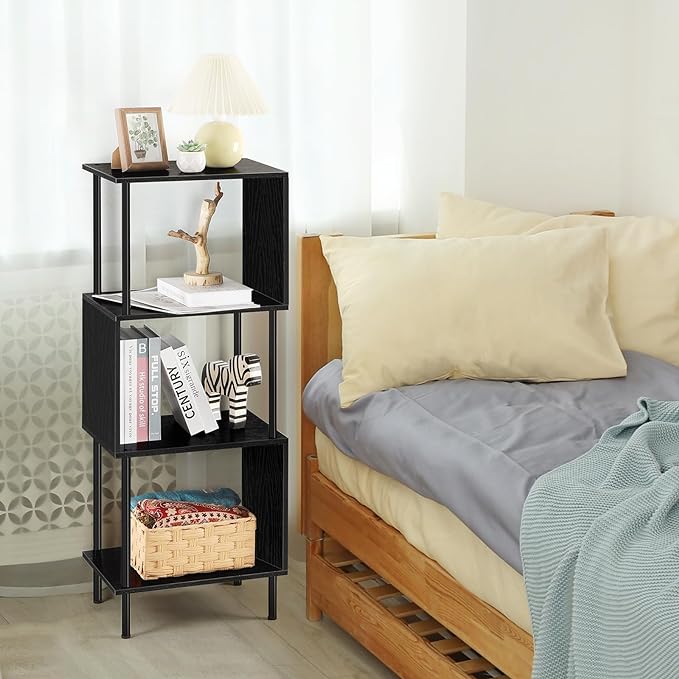 ETELI Small Bookshelf Unique S Shaped 4 Shelf Bookcase Free Standing Industrial Book Storage Shelves for Living Room, Bedroom, and Home Office, Rustic Book Organizer & Metal Frame - LeafyLoom