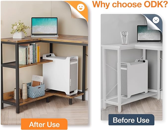 ODK 55 Inch Small L Shaped Gaming Computer Desk with Power Outlets, Reversible Storage Shelves & PC Stand for Home Office, Simple Writing Study Table with Storage Bag for Small Space, Vintage - LeafyLoom