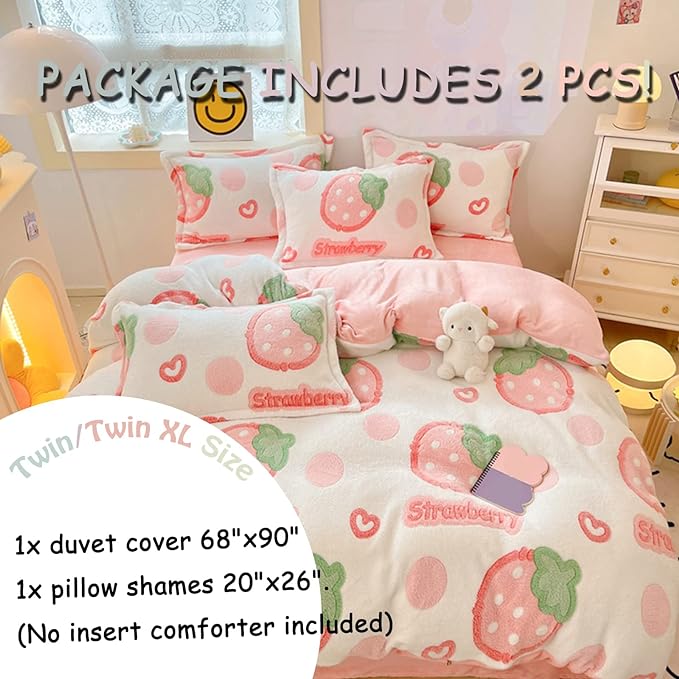 MorroMorn Twin Duvet Cover Set, Pink Strawberry Cute Bedding Sets, Fluffy Comforter Covers Lightweight Blanket Ultra Soft Kawaii for Girls Kids Toddler Teen Women Twin/Twin XL Size - LeafyLoom