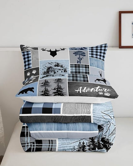 Manfei Deer Antler Comforter Set Queen Size,Bear Paws Rustic Farmhouse Xmas Bedding Set for Kids Boys Girls Adults Room Decor,Plaids Patchwork Adventure Down Comforter,Blue Duvet Insert,2 Pillowcases - LeafyLoom