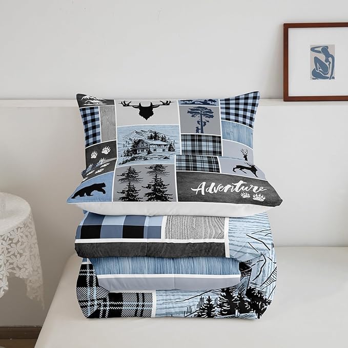 Manfei Deer Antler Comforter Set King Size,Bear Paws Rustic Farmhouse Xmas Bedding Set for Kids Boys Girls Adults Room Decor,Plaids Patchwork Adventure Down Comforter,Blue Duvet Insert,2 Pillowcases - LeafyLoom