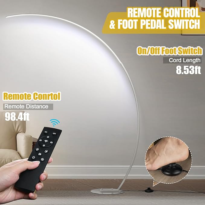 Dimmable LED Floor Lamp with 3 Color Temperatures, Ultra Bright 2000LM Brushed Nickel Arc Floor Lamps for Living Room, Modern Tall Lamp with Remote Control Reading Floor Lamp for Bedroom Office - LeafyLoom