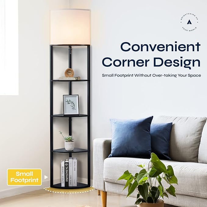 ATAMIN Alvis Edge 72" Floor Lamps for Living Room Decor, Tall Lamp for Bedroom, Modern Corner Shelf Lamp, Sturdy Floor Lamp with Shelves, Standing Lamp with Book Shelves, LED Lamp Shelf (Black) - LeafyLoom