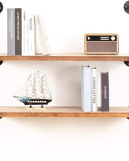 Industrial Wall Mounted Pipe Shelving,Rustic Metal Floating Shelves,Steampunk Real Wood Bookcases,DIY Bookshelf Hanging Shelves,Farmhouse Kitchen Bar Office Home Storage (3-Tier with 2 Boards,36in) - LeafyLoom