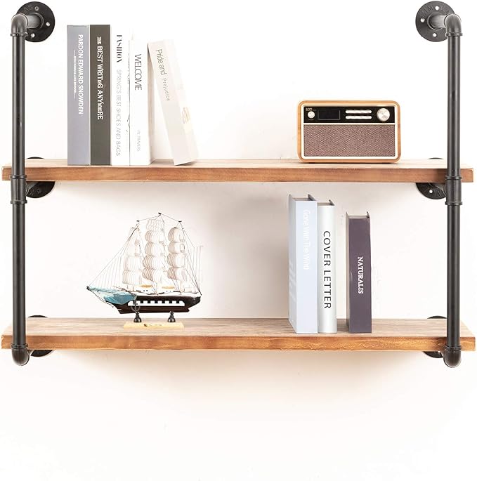 Industrial Wall Mounted Pipe Shelving,Rustic Metal Floating Shelves,Steampunk Real Wood Bookcases,DIY Bookshelf Hanging Shelves,Farmhouse Kitchen Bar Office Home Storage (3-Tier with 2 Boards,36in) - LeafyLoom