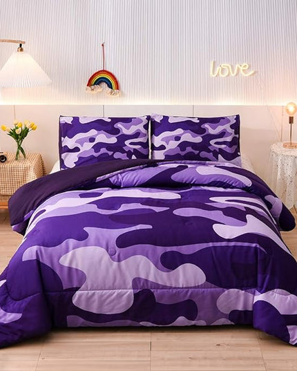 Meeting Story Camouflage Bedding Set, Purple Camouflage Comforter Set, 3 PCS One Comforter and Two Pillowcases, Lightweight Bedspread for Girls Teens Adults (Purple, Queen) - LeafyLoom